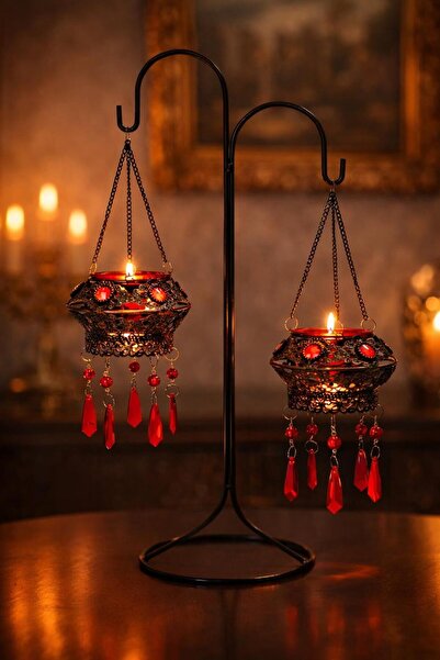 maycollection Eskitme Metal Kırmızı Ikili Nostalji Mumluk