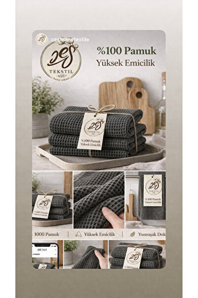 CES HOME Gri Waffle kumaş 3'lü %100 Pamuk Mutfak Havlu Seti(50x90)