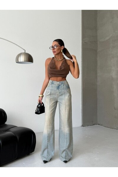 HerTon Γυναικείο ψηλόμεσο παντελόνι τζιν με φαρδιά μπατζάκια, 100% βαμβάκι – ...