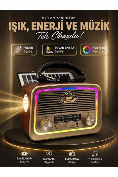 BLOMSTER Everton Rt-301 M Bluethoot Solar Paneli Ledli Işıklı El Fener Özelik...