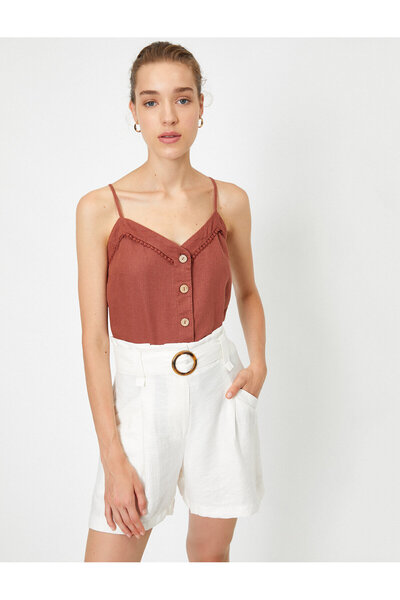 Koton Λεπτομερές μπλουζάκι με κορδόνια και κουμπιά, από μείγμα λινού