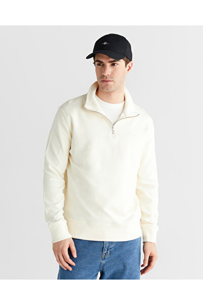 Gant Erkek Krem Yarım Fermuarlı Herringbone Kazak