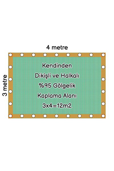 CNC Hazır Halkalı Gölgelik %95 3mx4m=12m2-Montajı İçin 10 metre 3mm halat hediye-Montajı Kolay