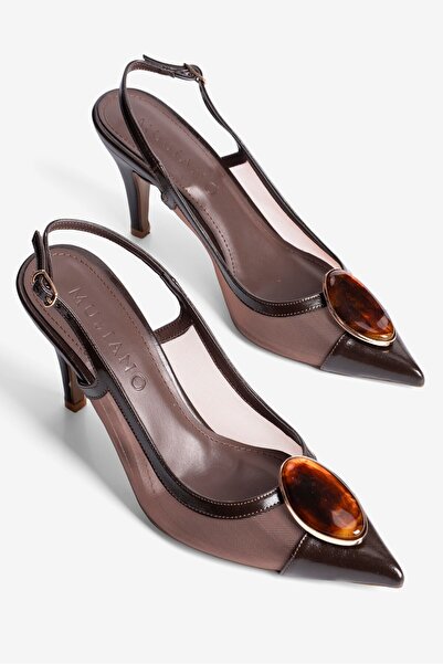 Mubiano Kadın Stiletto Sivri Burun Fileli Oval Aksesuar Detaylı Arkası Açık T...