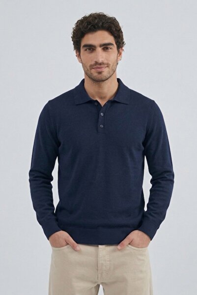 hateko Pulover tricotat cu guler polo, 100% bumbac, albastru bleumarin