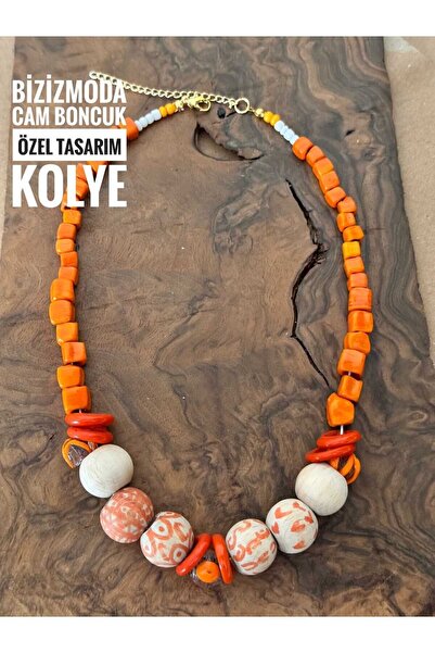 bizizmoda Cam Boncuk Afrikan Bohem Tarz Cam Boncuk Göz Kolye Ahşap Tasarım Cam Boncuk Turuncu Kolye