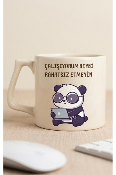 Eylül Design Krem Rengi Pandalı Çalışıyorum Rahatsız Etmeyin Yazılı Özel Tasa...