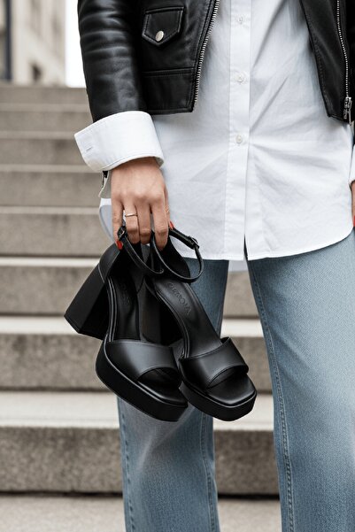 DİVOLYA June Black Skin (Τακούνι 9 εκ.) Παπούτσια με τακούνι με πλατφόρμα casual