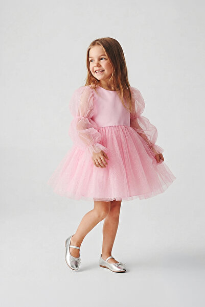 Banamio Φόρεμα κοριτσιού από γκλίτερ τούλι με μανίκια με κορδόνια Pearlie