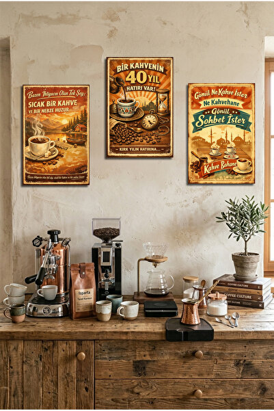 HAYAL ODASI STORE 3’lü Nostaljik Kahve Köşesi mdf Tablo Seti - 20x29 cm Retro...