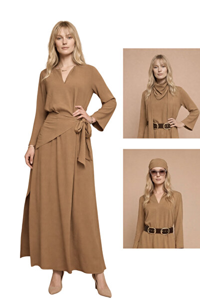 By Yaren Yazıcı Women's Sand Beige Ayrobin Fabric Scarf & Bandana Slit Maxi D...