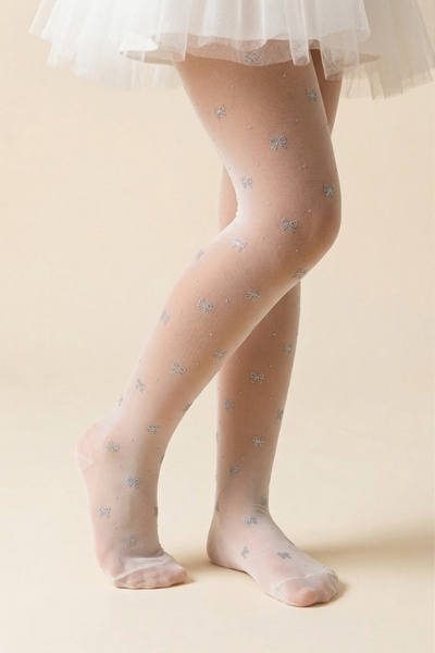 Le Mabelle Λευκό γκλίτερ φιόγκο Λεπτομερές κοριτσίστικο καλσόν μπανάνας