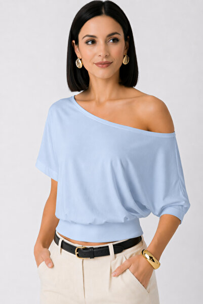 trendalisse Γυναικεία μπλούζα μπλε χρώματος, με υφή και υφασμάτινη υφή, με αν...