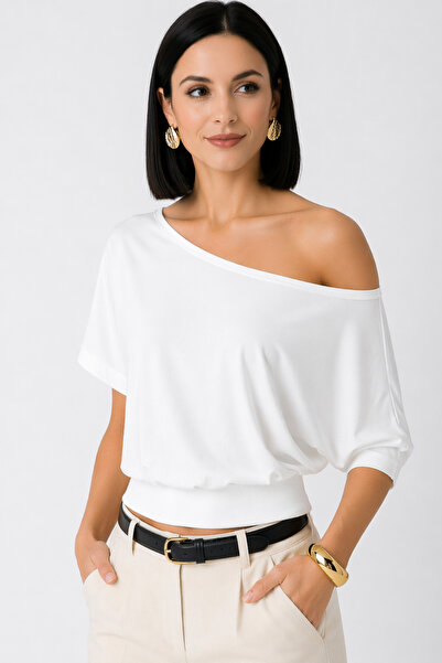 trendalisse Γυναικεία λευκή ντραπέ μπλούζα με υφή modal και ανοιχτούς ώμους