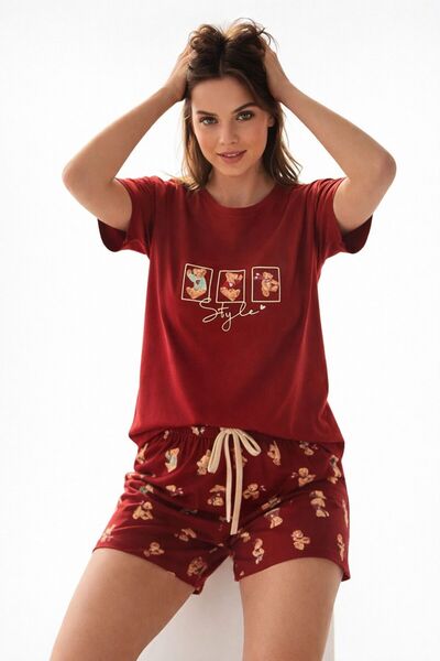 GAMZELİRENKLERİM Red Pick Your Bear Style Patterned Short Sleeved Pajama Set ...