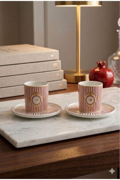 evinbizden Porcelain Palace Line Pattern Coffee Cup Set for 2 People, 4 Pieces