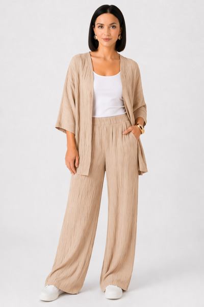 trendalisse Σετ γυναικείο κιμονό Stone Color - Σετ με φαρδύ πόδι Palazzo Bott...