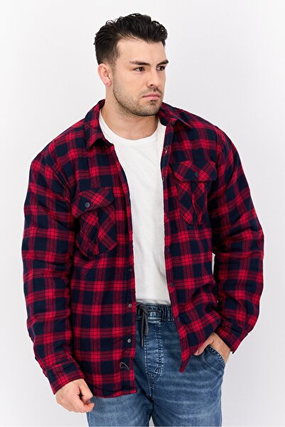 Silver Jeans Co. Men Spread Collar Checkered Jacket Shirt, Red