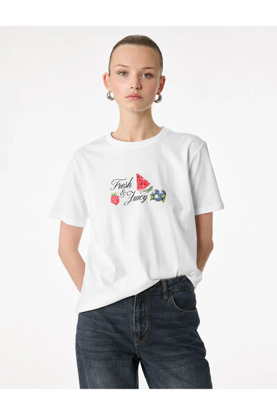 Koton Karpuz ve Çilek Baskılı Beyaz Kadın T-Shirt 6SAK50038EK