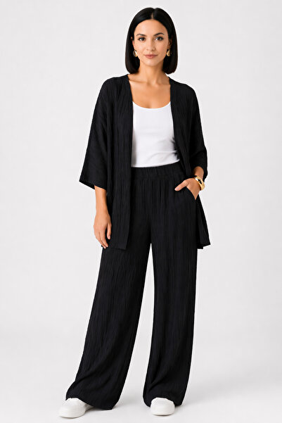 trendalisse Γυναικείο Σετ Μαύρο Φαρδύ Πόδι Palazzo Kimono Top and Bottom