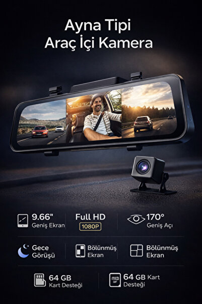 Yellowtech 4K 9.66" Dokunmatik Aynalı Araç Kamerası –Tam Ekran Gece Görüş, Çift Kamera, Apple &Android Uyumlu