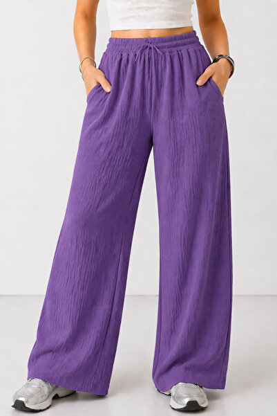 trendalisse Μωβ Φαρδύ Εποχιακό Γυναικείο Παντελόνι - Ελαστική μέση και τσέπες