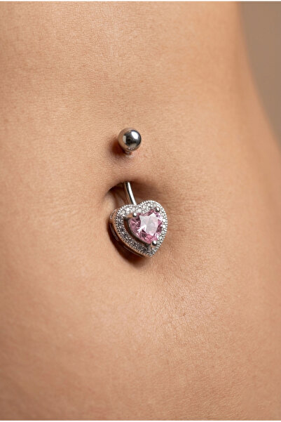 VLM AKSESUAR Pembe Taşlı Kalp Göbek Piercing Cerrahi Çelik (10mm)