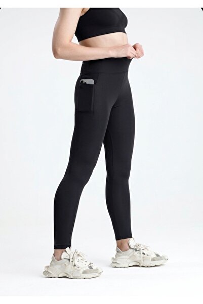 glanour Γυναικείο αθλητικό κολάν με ψηλή μέση και τσέπες, μαύρο, στενή εφαρμογή