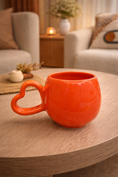 İZart Kalp Kulp Özel Düz TURUNCU El Yapımı Seramik Kupa