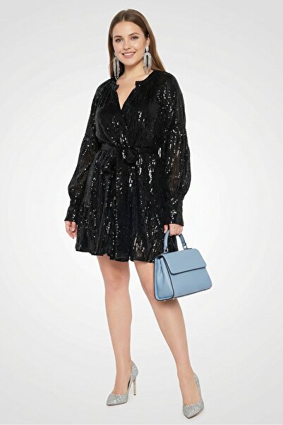 Wandering Women Sequins Belted Mini Party Dress, Black