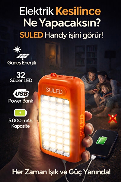SULED Güneş Panelli Handy Power Bank Fener Işıldak 32 Süper Smd Ledli El Fene...
