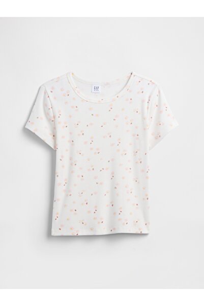 GAP Kız Çocuk Kırık Beyaz Kids Ribbed Bisiklet Yaka T-Shirt