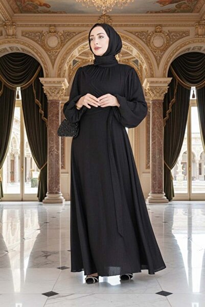 Sevitli Side Tie Glittery Hijab Evening Dress-Black