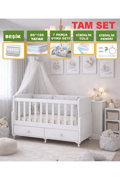 Bygolden Yatak,Uyku Seti ve Tül seti hediyeli tam set çekmeceli sallanır bebe...