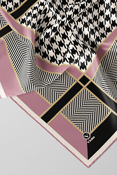 VİOLLA Twill Kazayağı Desenli Pembe Renkli 90x90 Eşarp (İpek İçermez) Kenar D...