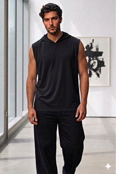 NO 601 Tricou negru pentru bărbați, fără mâneci, cu glugă