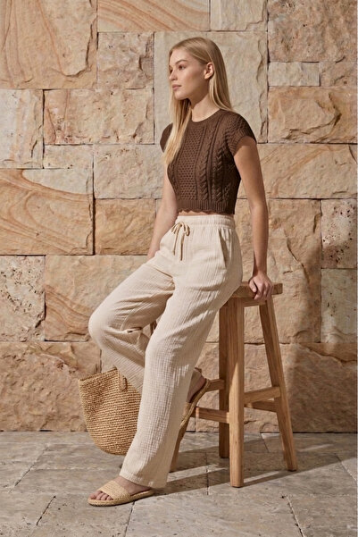 Shiron Sportswear&Company Μπεζ μουσελίνα παντελόνι palazzo 100% οργανικό βαμβάκι