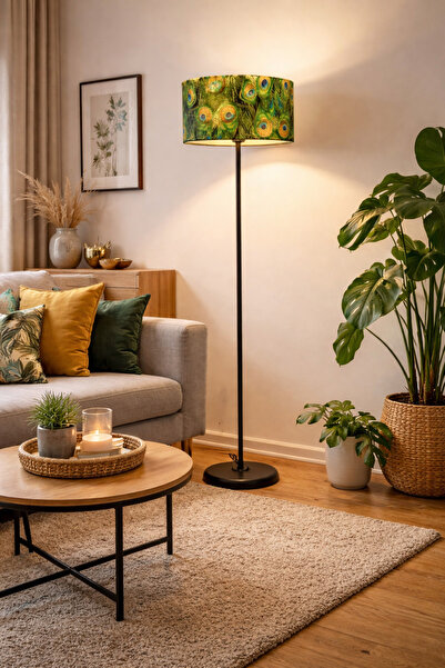 retro home design Siyah Ayaklı Baskılı Yeşil Kuş Gözü Kumaş Lambader Tek Ayak...