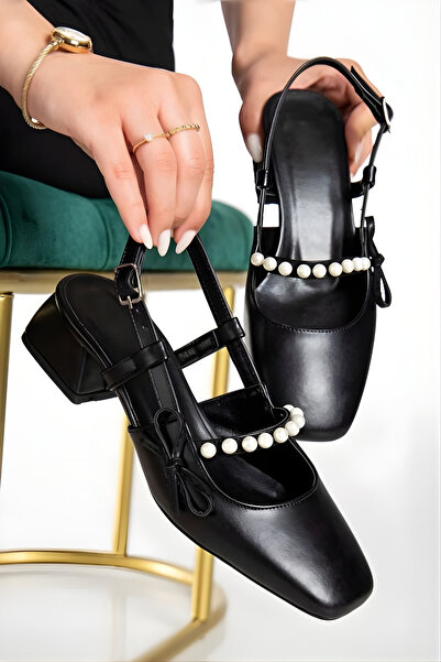 perry shoes ELIRA Kadın İnci Şerit Detaylı Fiyonklu Arkası Açık Tokalı Kare B...