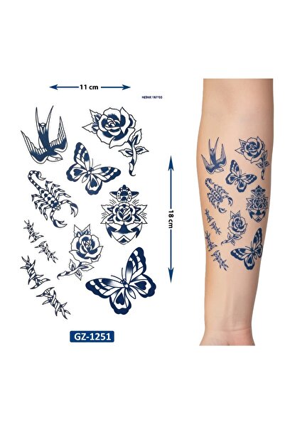 Airbrush Tattoo Akrep Kuş Kelebek Gül 18x11 cm Yarı Kalıcı Geçici Dövme