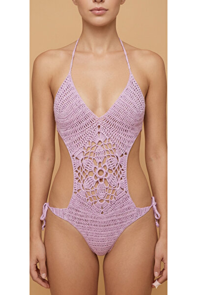sostyles butik Örgü Mayokini - Orijinal Tasarım Halter Yaka File Motifli Bağc...