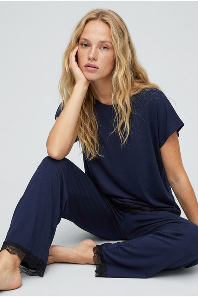 Siyah İnci Σετ Πλεκτές Πιτζάμες Πλεκτές Πλεκτές Λεπτομέρειες Δαντέλας Μπλε Navy