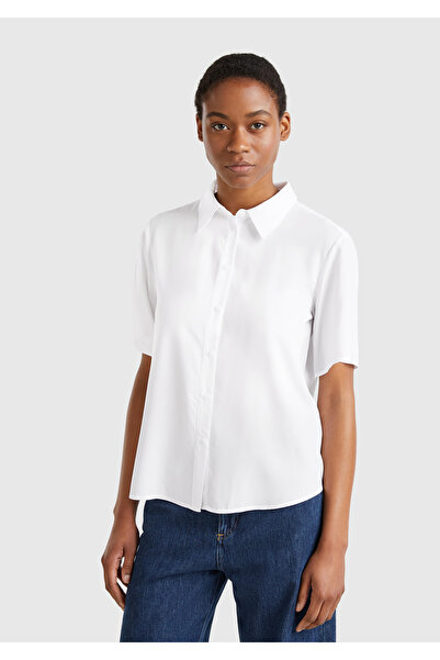 United Colors of Benetton Γυναικείο λευκό πουκάμισο με κοντό μανίκι 100% βισκ...