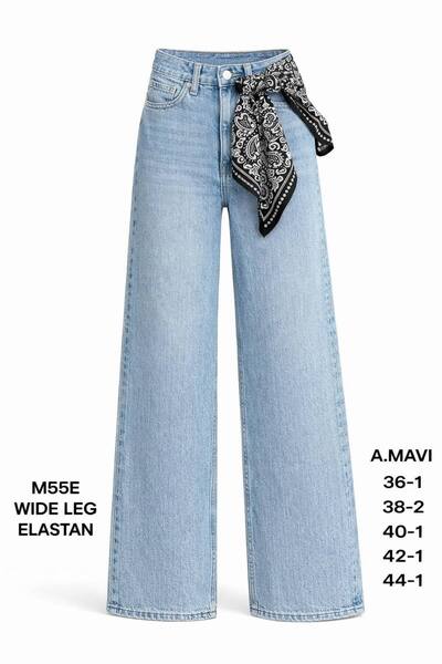 Miss Poem Γυναικείο ανοιχτό μπλε τζιν παντελόνι με φουλάρι και ψηλόμεσο φαρδύ...