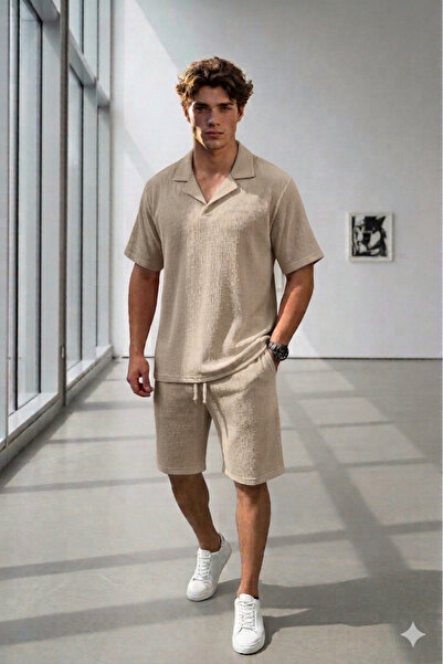 NO 601 men's Beige Apaj Collar T-Shirt and Shorts Set