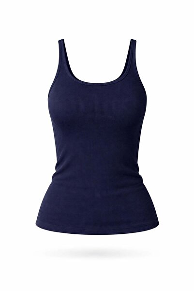 5in1Canpolat Navy Blue U-Neck Ribbed Basic Undershirt
