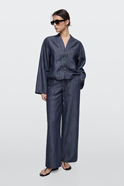Massimo Dutti Keten karışımlı denim geniş paça total look pantolon