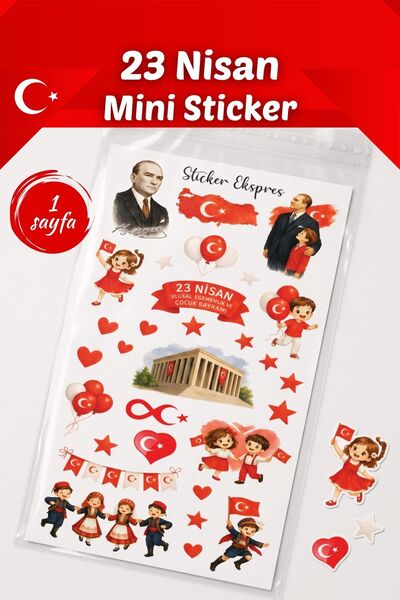 Sticker Ekspres 23 Nisan Mini Sticker Seti 1 Sayfa Çocuk Bayramı Hediye Stick...