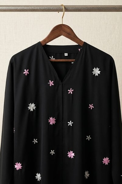 Muchmy Elegant Black Nida Fabric Floral Embroidered Abaya For Women's Button Front Muslim Dress With Hijab