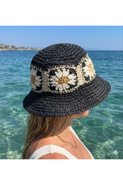 Axesoire 14713 Πλεκτό στο χέρι Μαύρο Ψάθινο Καπέλο